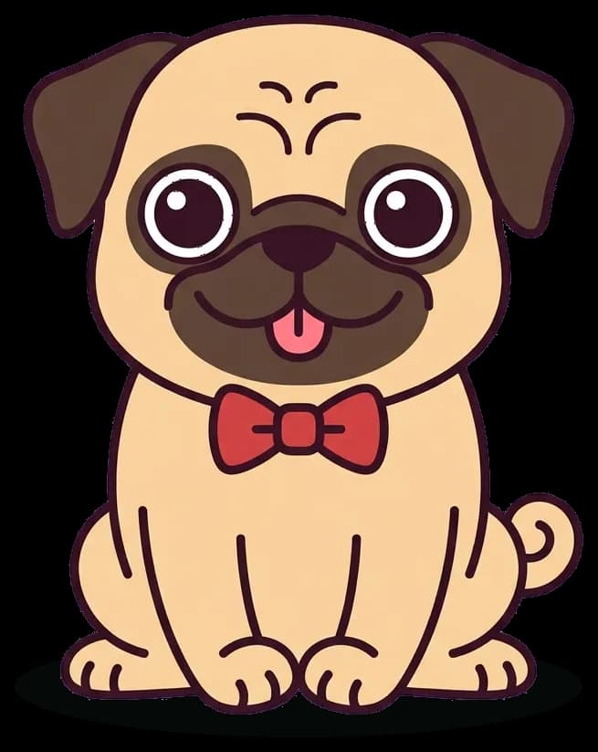 The pug host sitting and smiling